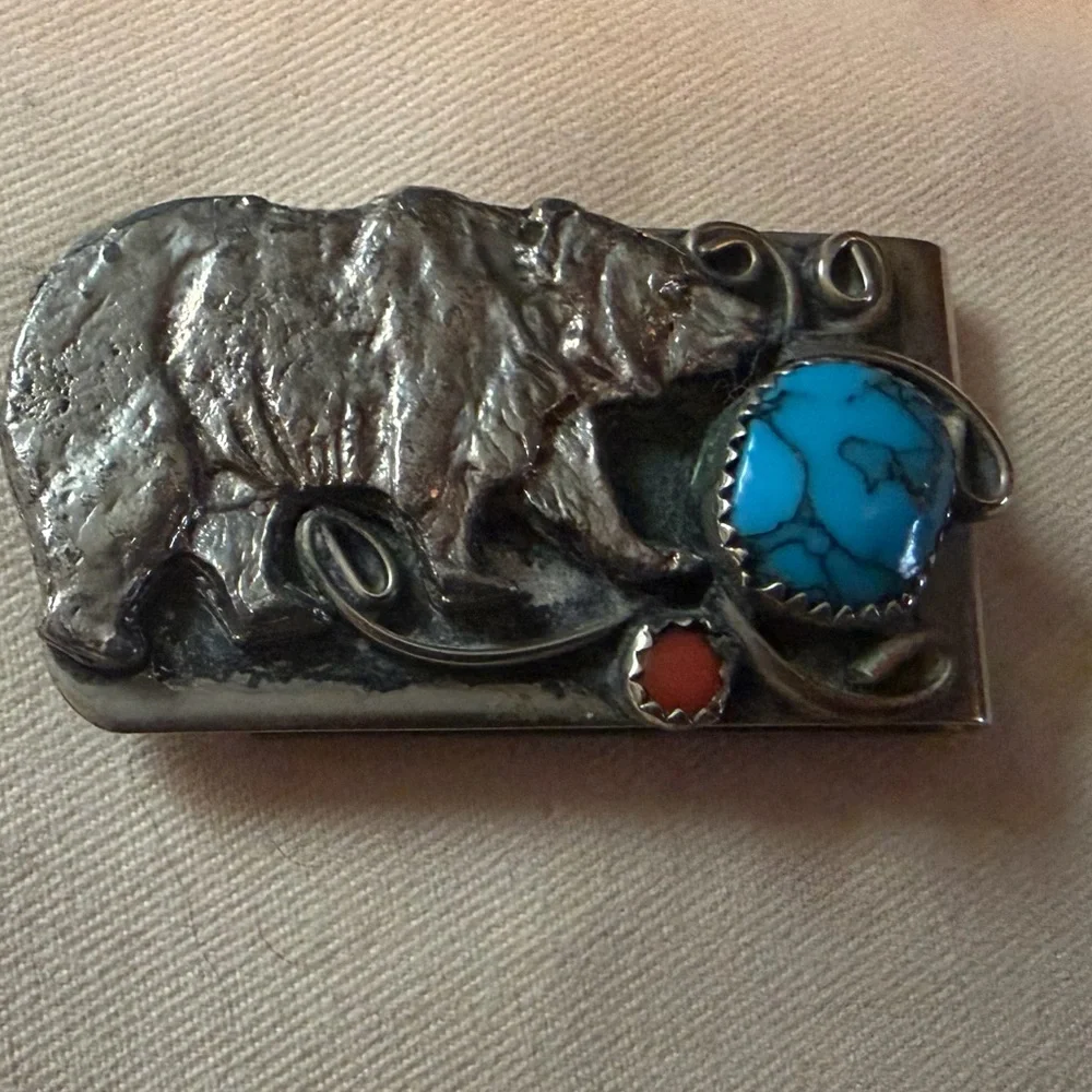 Vintage Navajo Bear, Turquoise, and Coral Money Clip